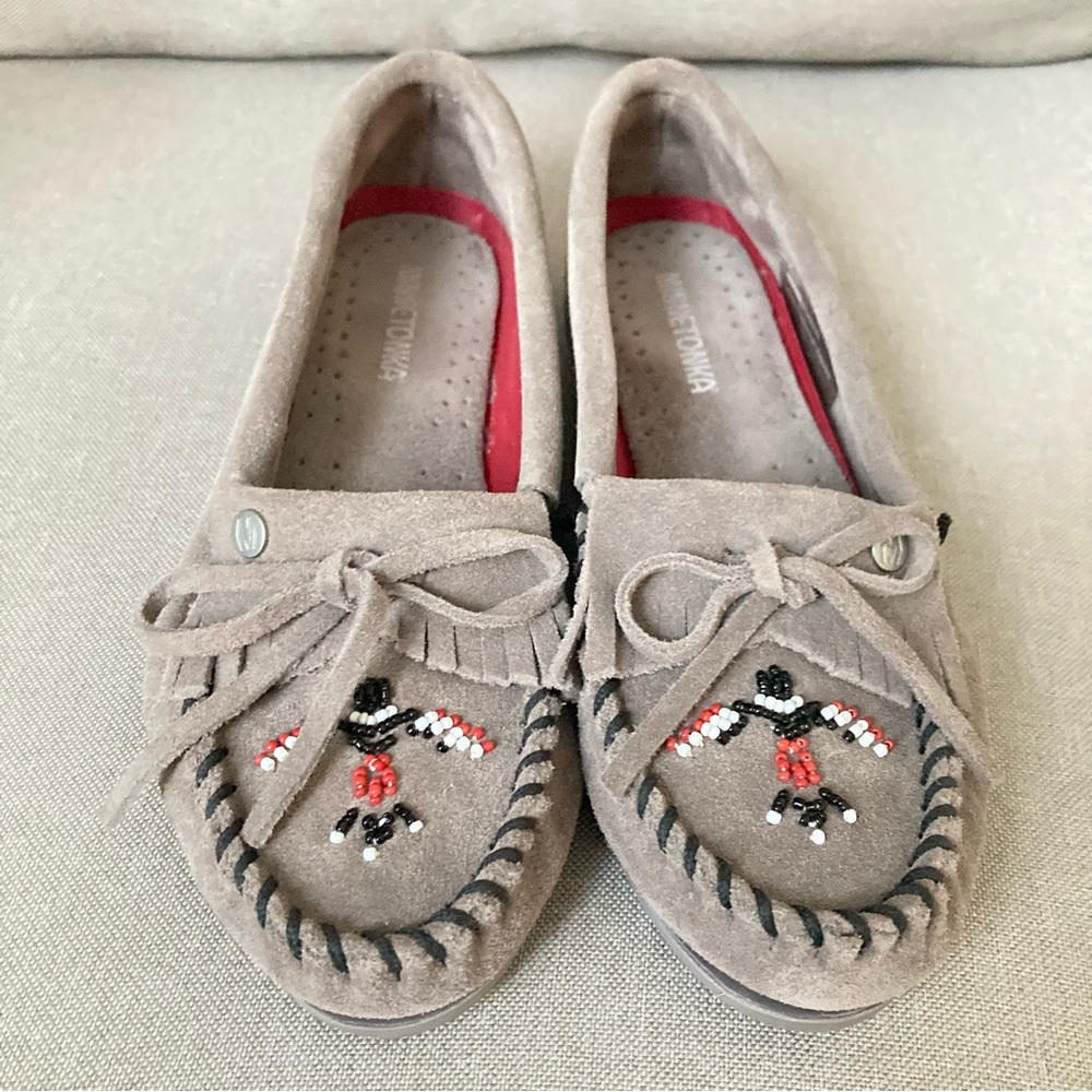 Minnietonka US 7 Gray Leather with Beads Women's nomadic spirit Moccasins US 7 - Picture 6 of 7